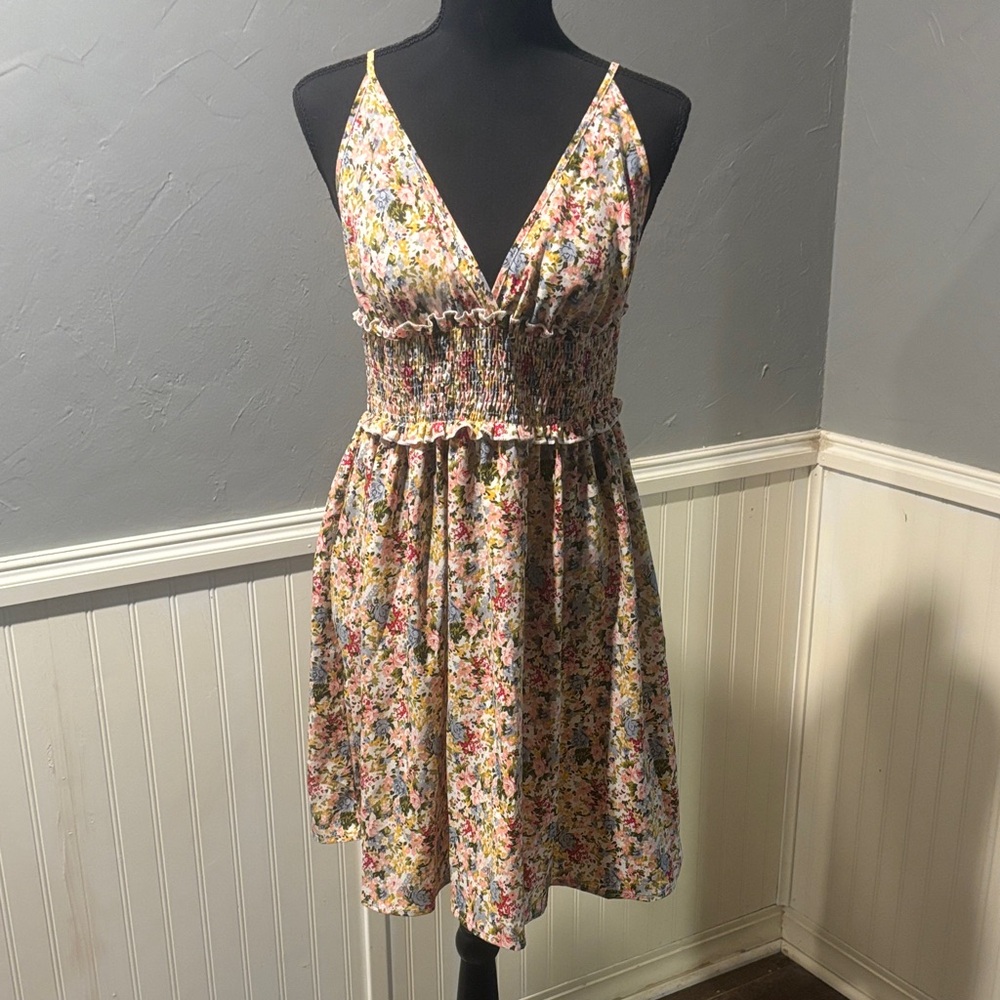 Source Unknown Floral Smocked V-Neck Mini Dress - Yellow Multi